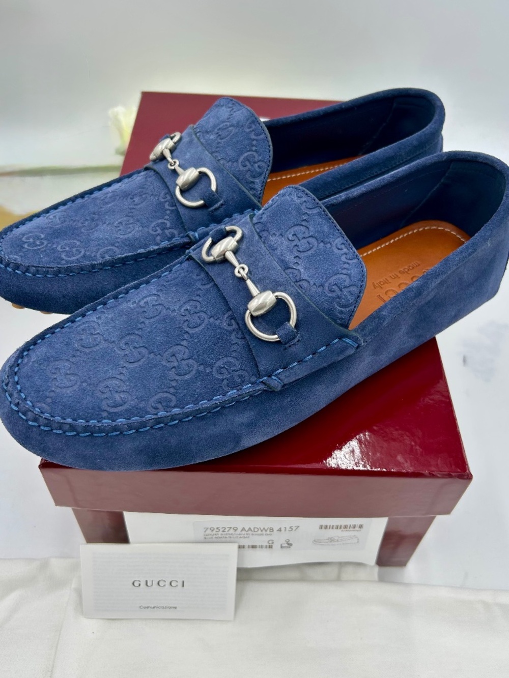 Men’s Gucci Blue Suede Horsebit Driver Loafers. Size 9/fits 10 US. Made in Italy